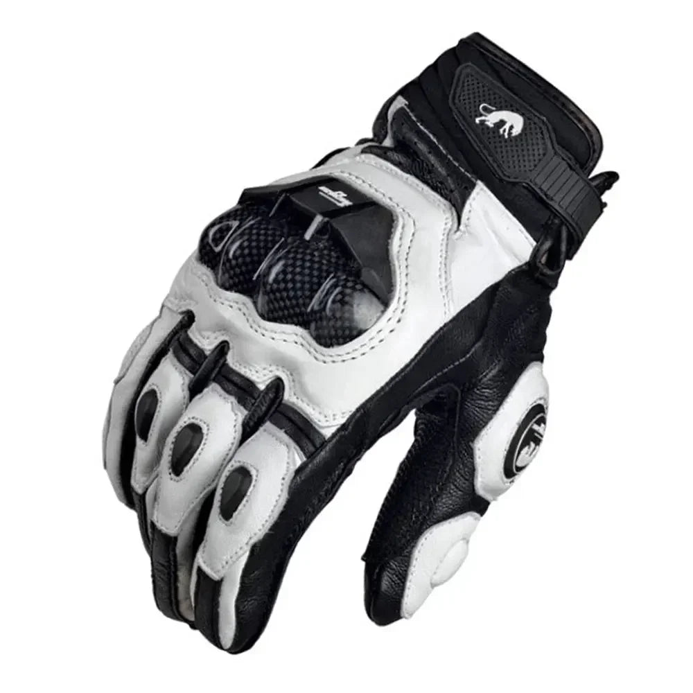 Unisex black, white, and red leather motorcycle riding gloves with protective padding and adjustable strap for racing and riding.