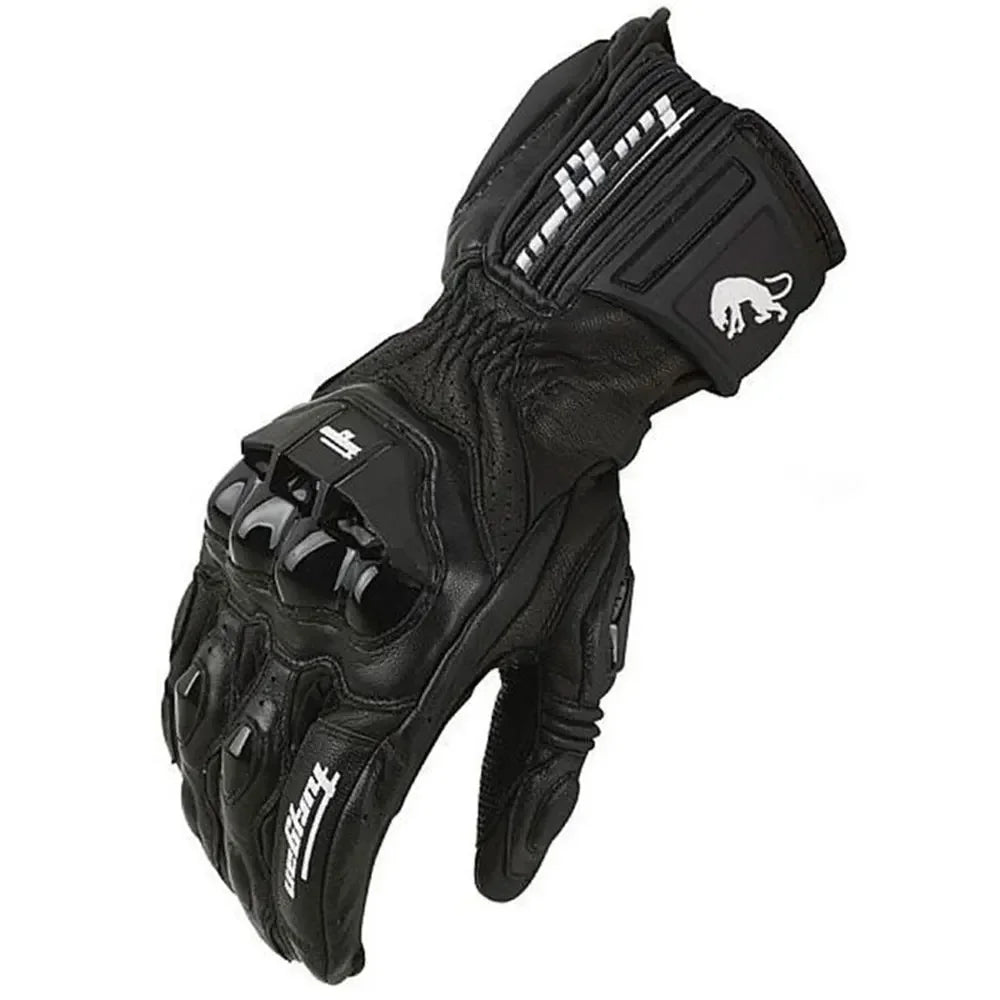 Unisex black leather motorcycle riding gloves with white and red accents, protective padding, and adjustable strap for racing riding.