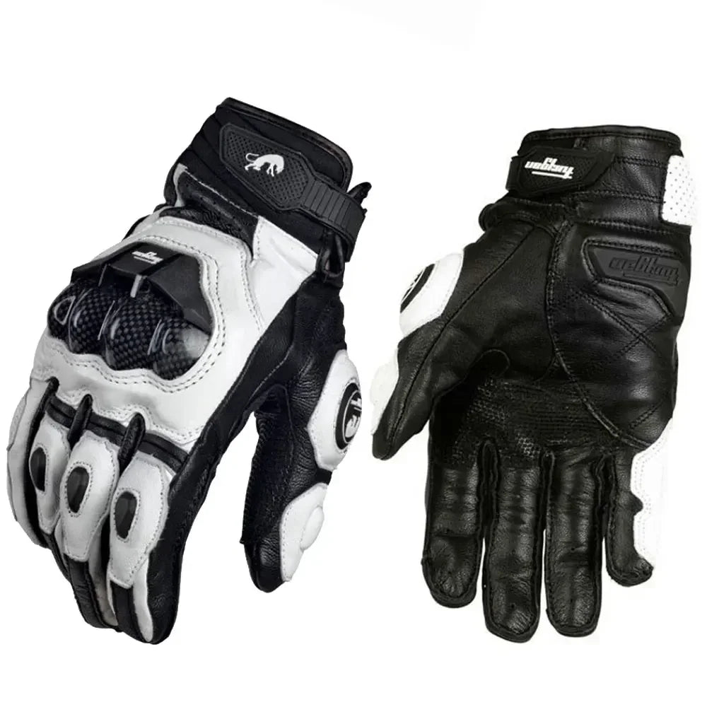 Unisex black leather motorcycle riding gloves with white and red accents, protective padding, and adjustable strap for racing and riding.