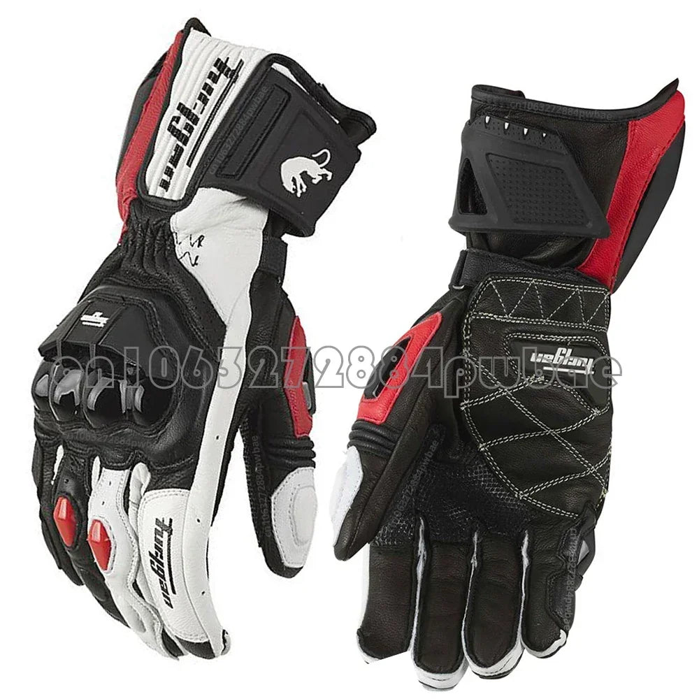 Unisex black leather motorcycle riding gloves with white and red accents, protective padding, and adjustable strap for racing and riding.