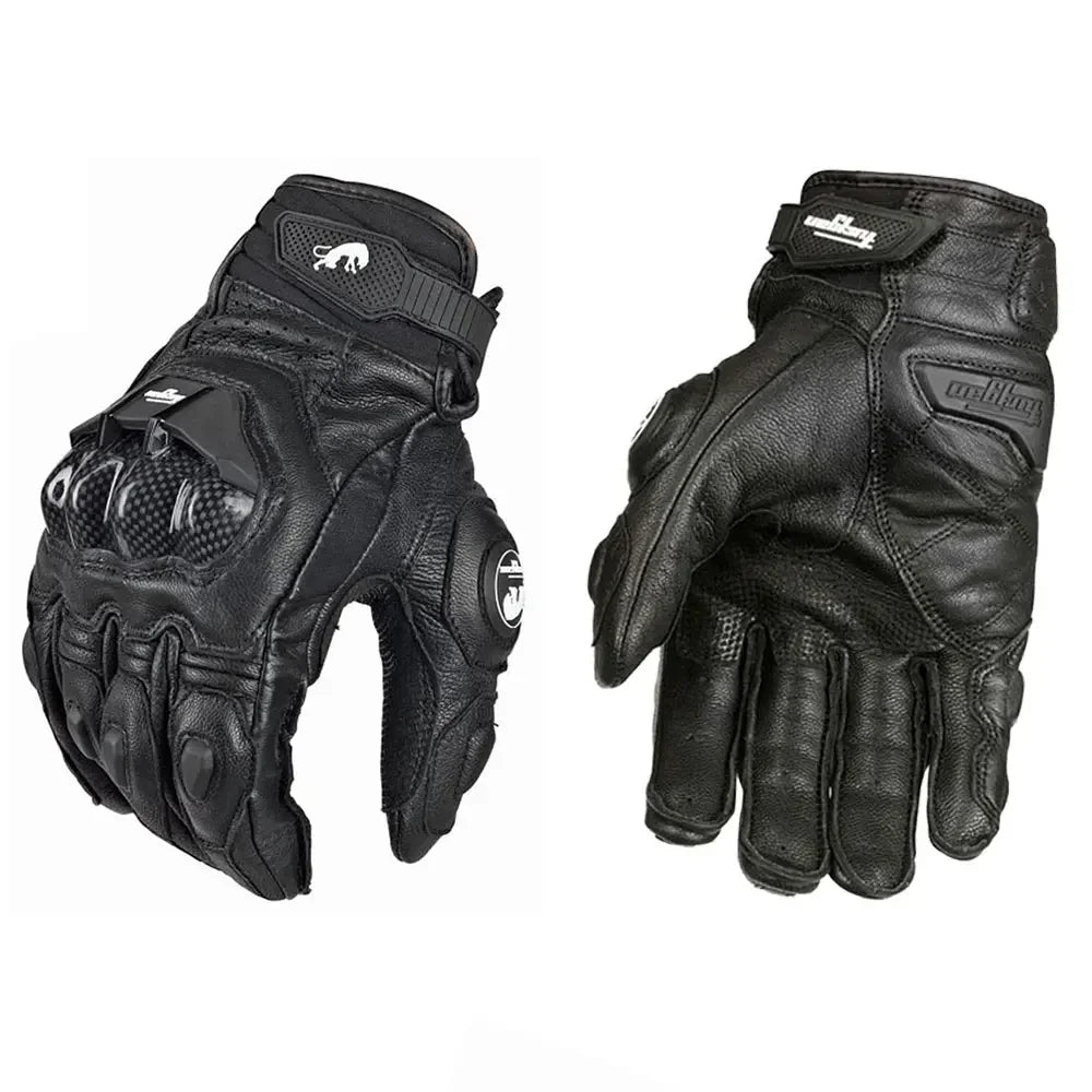 Unisex leather motorcycle riding gloves with protective padding and adjustable strap in black, white, and red, designed for racing and riding.
