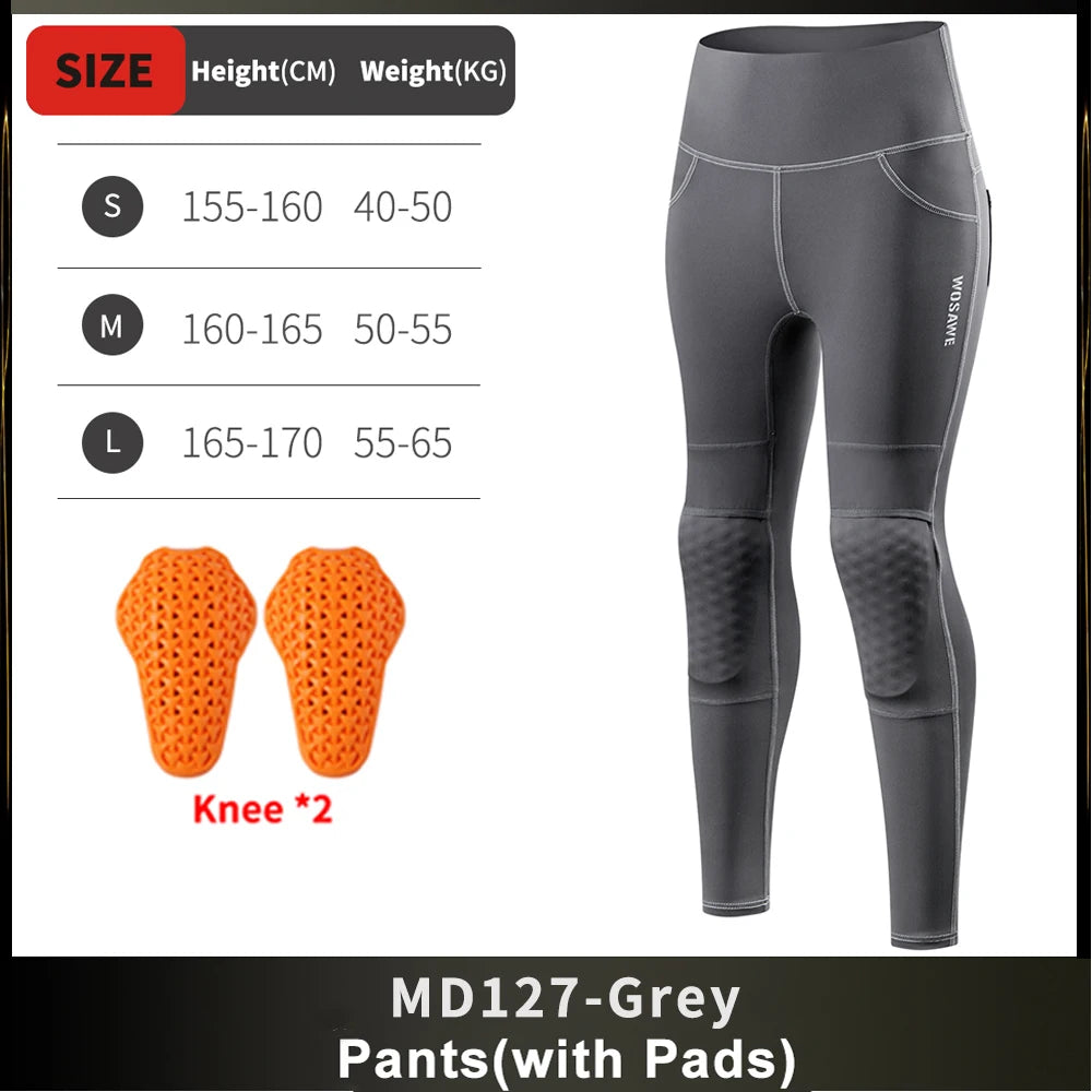 Women's high-waist motorcycle riding pants by FanzyMarket with removable knee pads, reflective design, suitable for commuting and fitness.