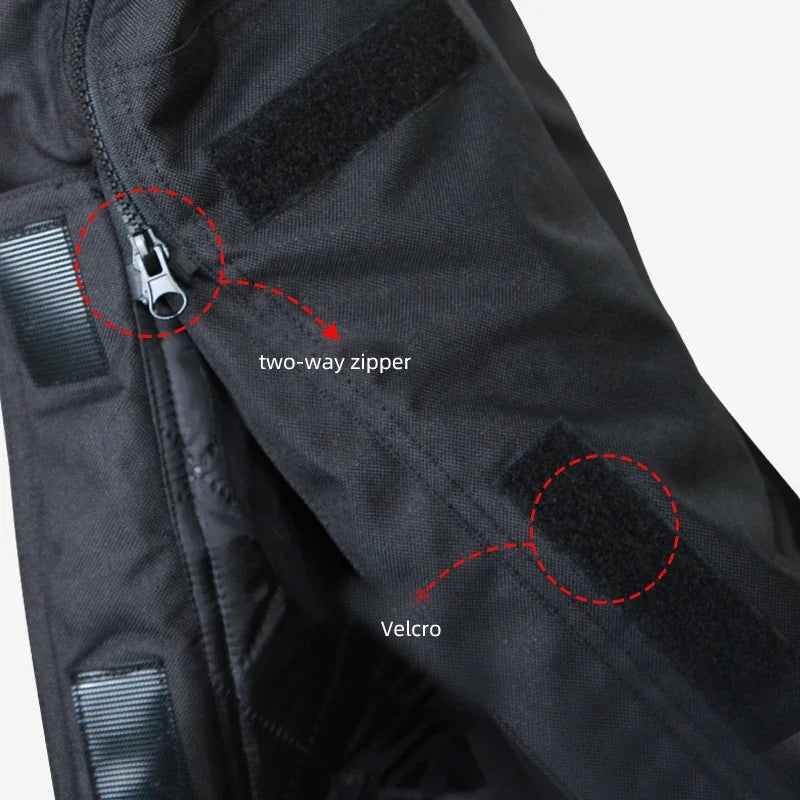 Black winter motorcycle pants by FanzyMarket with CE2 knee pads, windproof waterproof fabric, quick-release features, unisex fit.