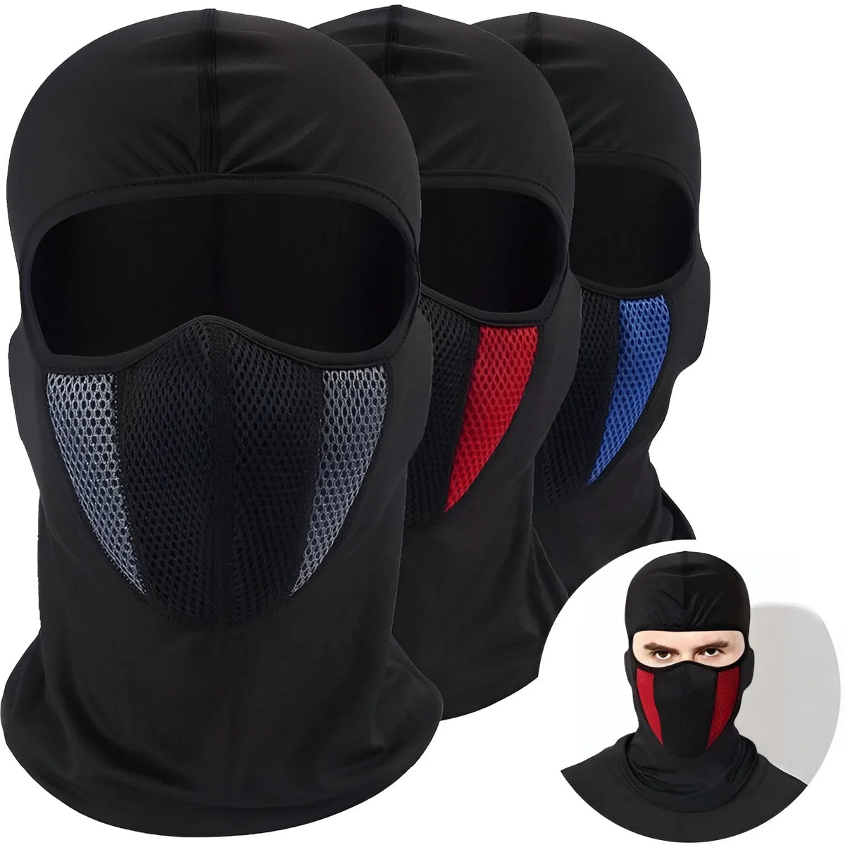 Red breathable motorcycle balaclava full-face mask by FanzyMarket, designed for motocross and motorbike riding with hood and neck gaiter.