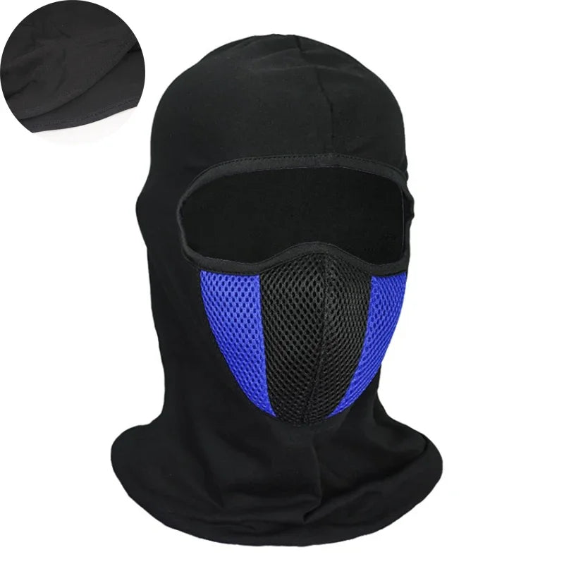 Red breathable motorcycle balaclava full-face mask from FanzyMarket, designed for motocross and motorbike riding, with neck gaiter.