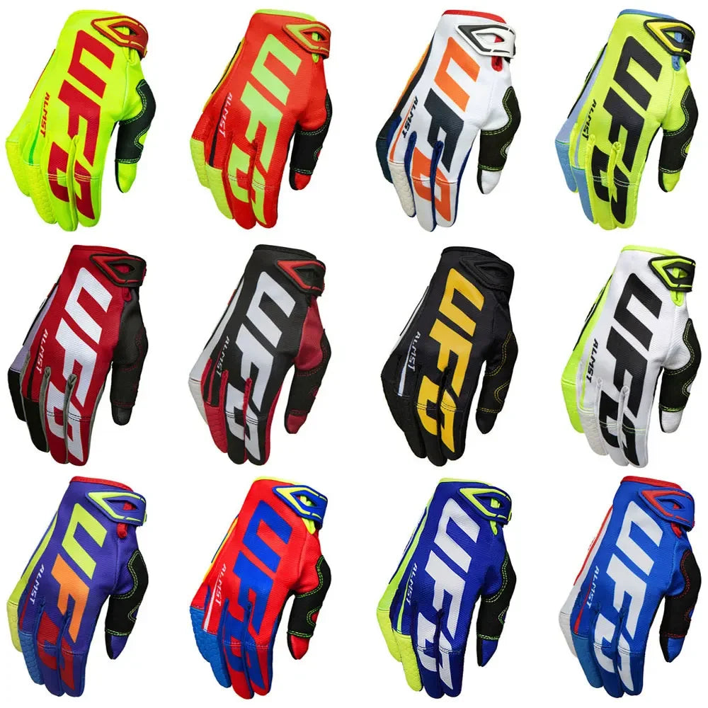 White men's off-road motorcycle gloves by FanzyMarket, full-finger shockproof MX ATV racing gloves with touchscreen and breathable windproof design.