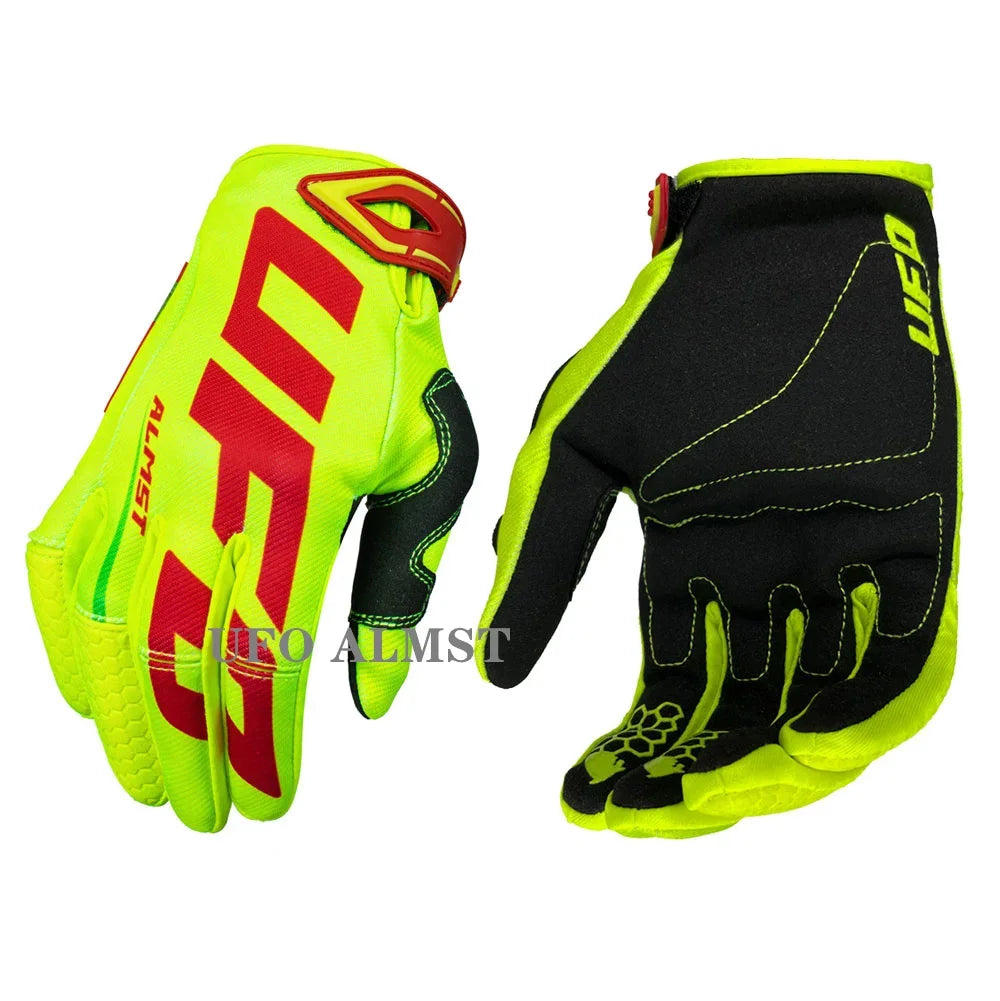 White men's off-road motorcycle gloves by FanzyMarket, full-finger shockproof MX ATV racing gloves with touchscreen and windproof features.