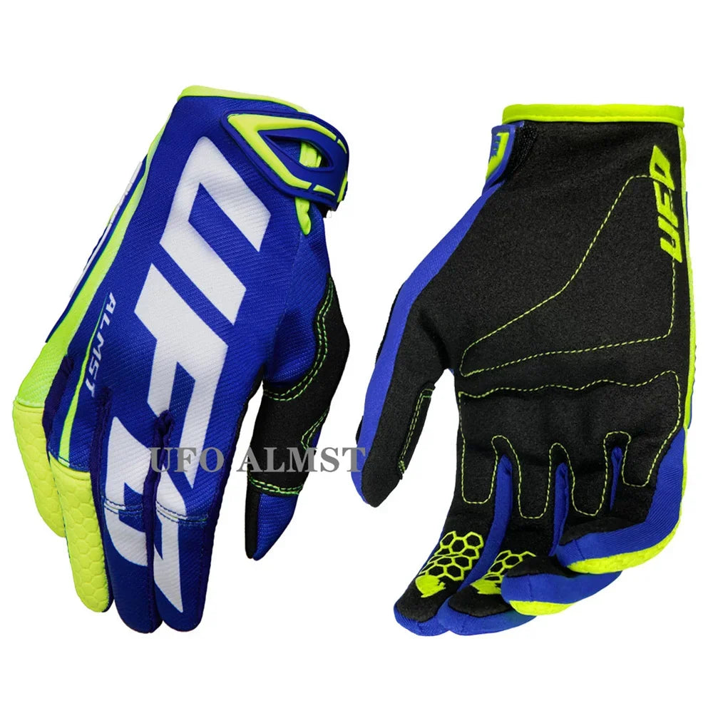 White men's off-road motorcycle gloves by FanzyMarket, full-finger shockproof MX ATV racing gloves with touchscreen and breathable windproof features.