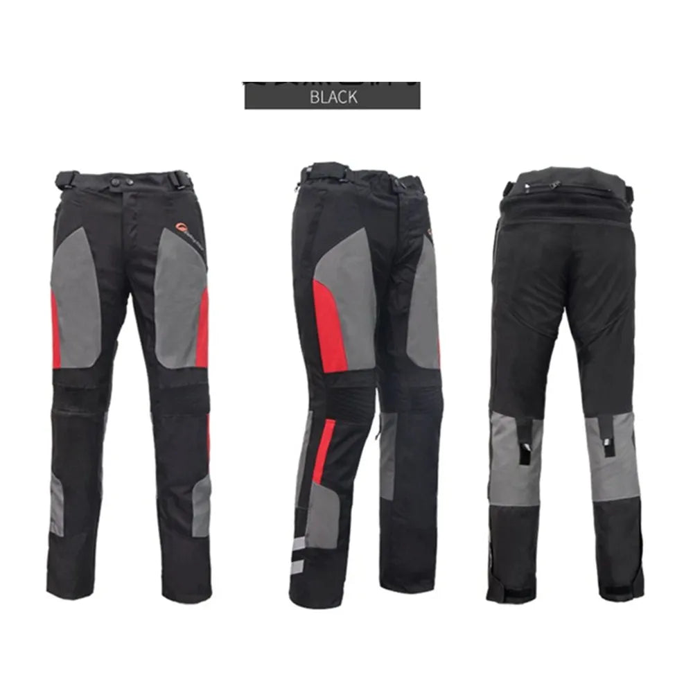 FanzyMarket men's motorcycle riding pants with waterproof, breathable fabric, removable liner, insulated winter layer, and knee pads.