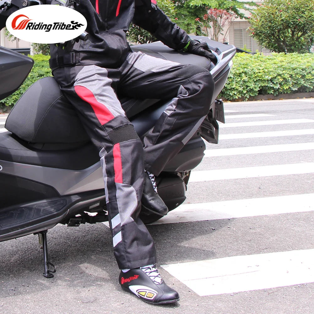 FanzyMarket men's motorcycle riding pants with waterproof, breathable fabric, removable liner, and integrated knee pads for all-season riding.