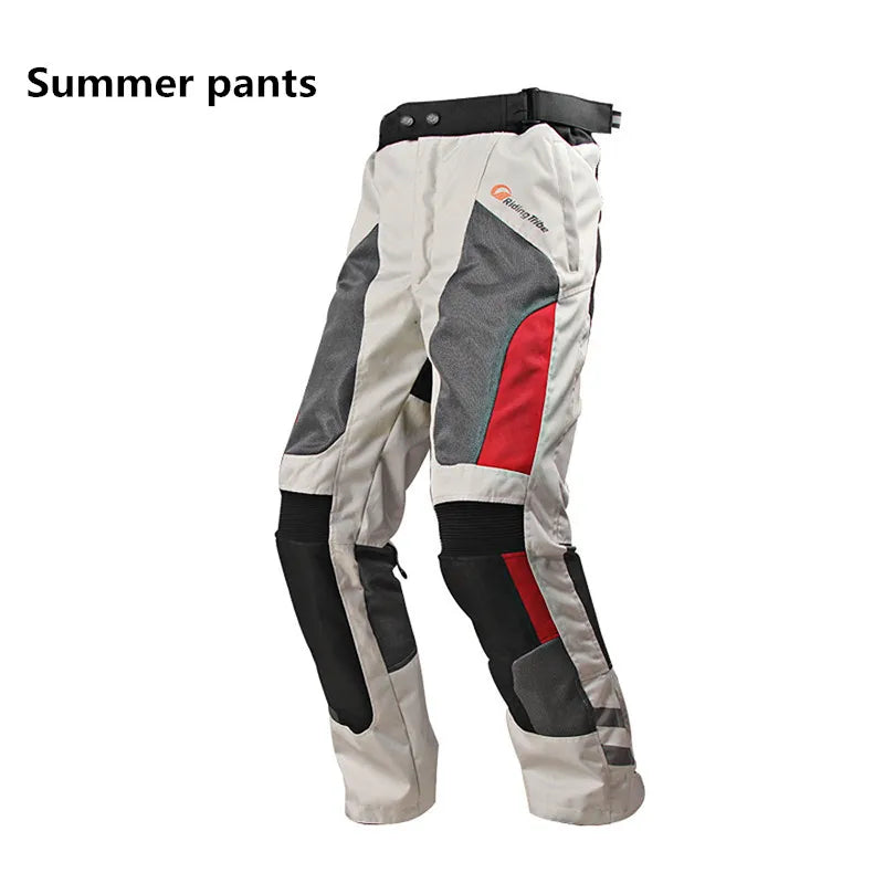 Men's motorcycle riding pants by FanzyMarket, waterproof, breathable summer and insulated winter trousers with removable liner and knee pads.