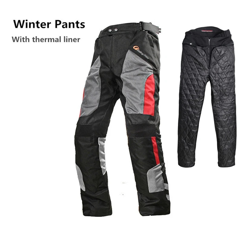 Men's motorcycle riding pants by FanzyMarket, waterproof insulated trousers with removable liner, knee pads, breathable summer, and winter gear.