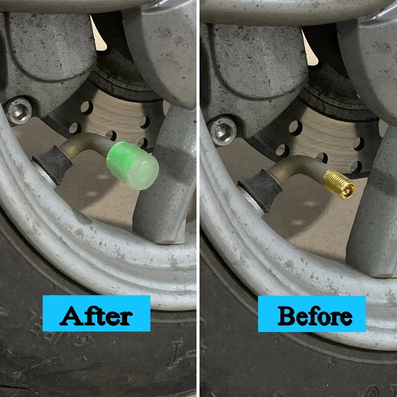 Set of four glow-in-the-dark luminous tire valve caps from FanzyMarket, fits cars, motorcycles, and bicycles, enhances wheel visibility.