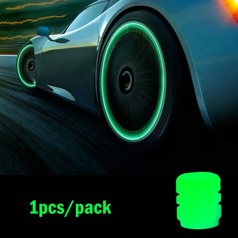Set of four glow-in-the-dark luminous tire valve caps by FanzyMarket, suitable for cars, motorcycles, and bicycles, with green fluorescence.