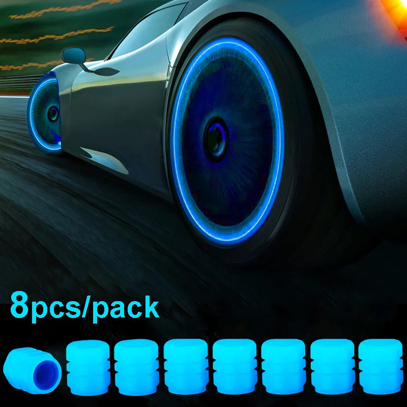 Set of four green glow-in-the-dark tire valve caps for cars, motorcycles, and bicycles, with luminous, fluorescent wheel valve stem caps.