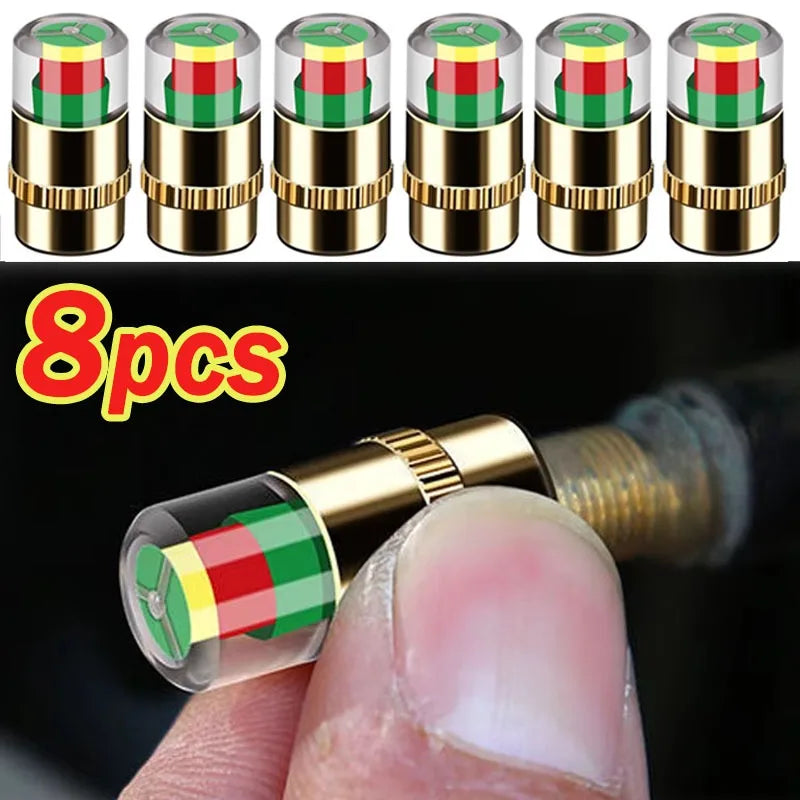 Set of 8 FanzyMarket tire pressure indicator valve caps for car, motorcycle, and bicycle wheels, color-coded for easy pressure check.