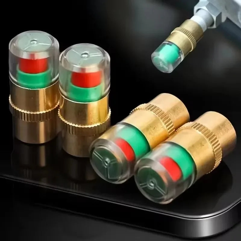Set of 8 FanzyMarket tire pressure indicator valve caps for cars, motorcycles, and bicycles, shown on vehicle wheels.