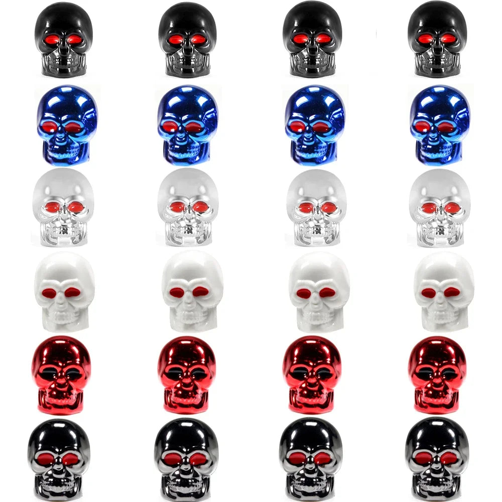 Four ABS chrome skull valve stem caps for car, motorcycle, and bike tires, with red skull design from FanzyMarket.