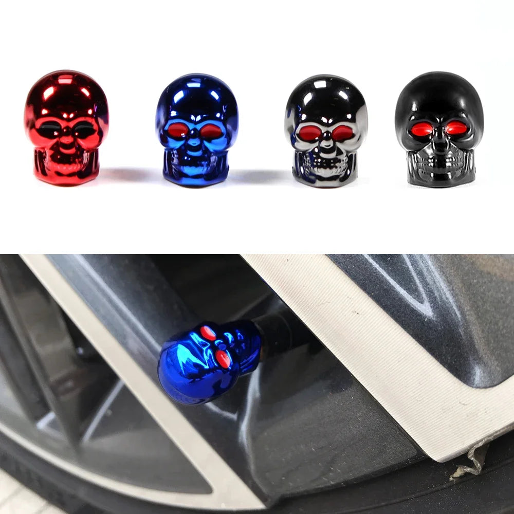 Set of four chrome skull valve stem caps for cars, motorcycles, and bikes, featuring red detail and ABS construction.