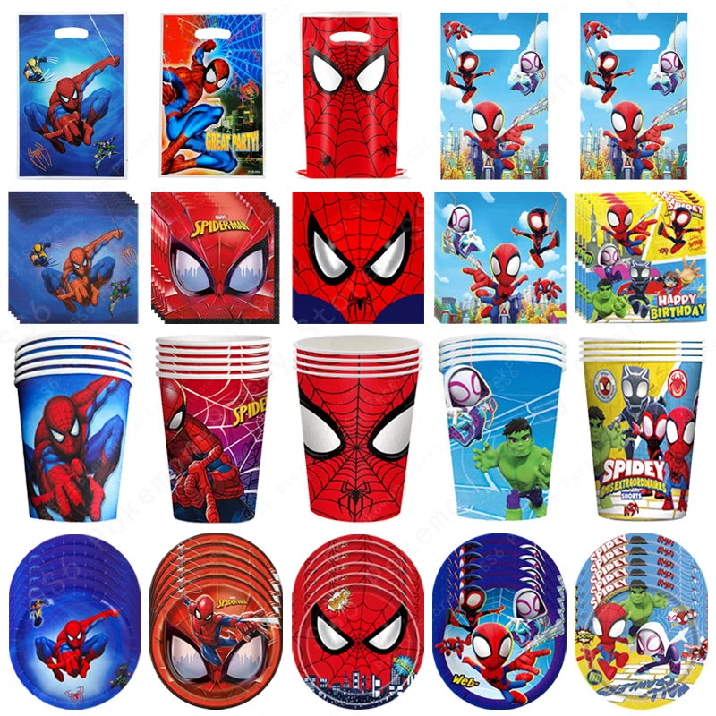 FanzyMarket Spiderman kids birthday party supplies including disposable plates, cups, napkins, and favor bags featuring superhero design.