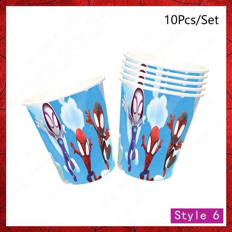 Spider-Man kids birthday party supplies, disposable tableware set with 9-inch plates, cups, napkins, and favor bags by FanzyMarket.