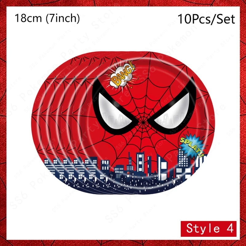 Spiderman kids birthday party supplies including 9-inch disposable plates, cups, napkins, and favor bags by FanzyMarket.
