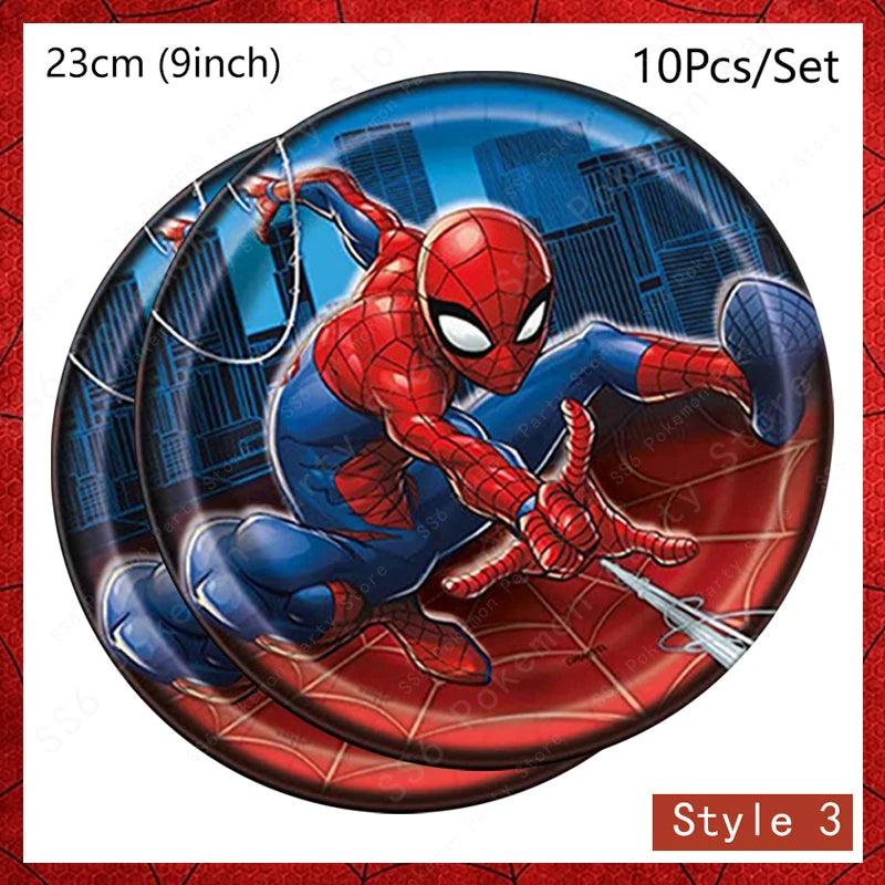 Spider-Man kids birthday party supplies by FanzyMarket, disposable tableware set with plates, cups, napkins, and favor bags.