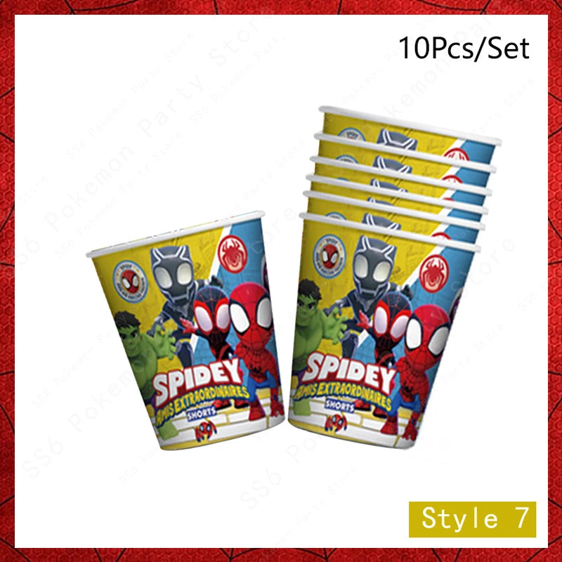 Spider-Man kids birthday party supplies by FanzyMarket featuring disposable plates, cups, napkins, and favor bags with superhero design.