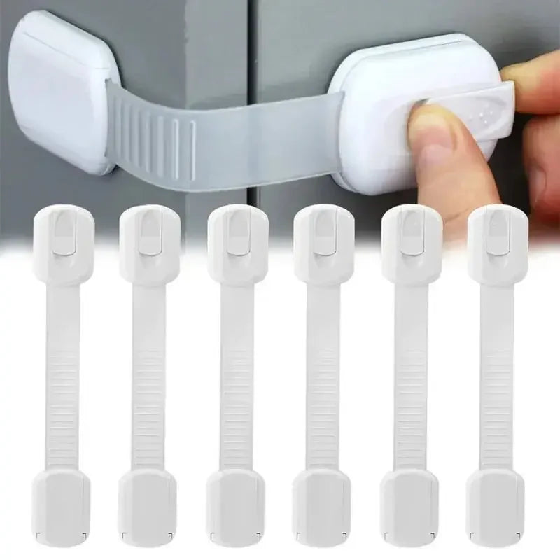 Adjustable Baby & Childproof Cabinet Safety Lock by FanzyMarket, adhesive strap securing cabinets, drawers, and appliances.
