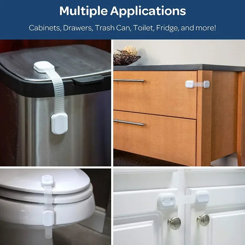 Adjustable FanzyMarket baby and childproof cabinet safety lock with adhesive strap for drawers, cabinets, and appliances in nursery.