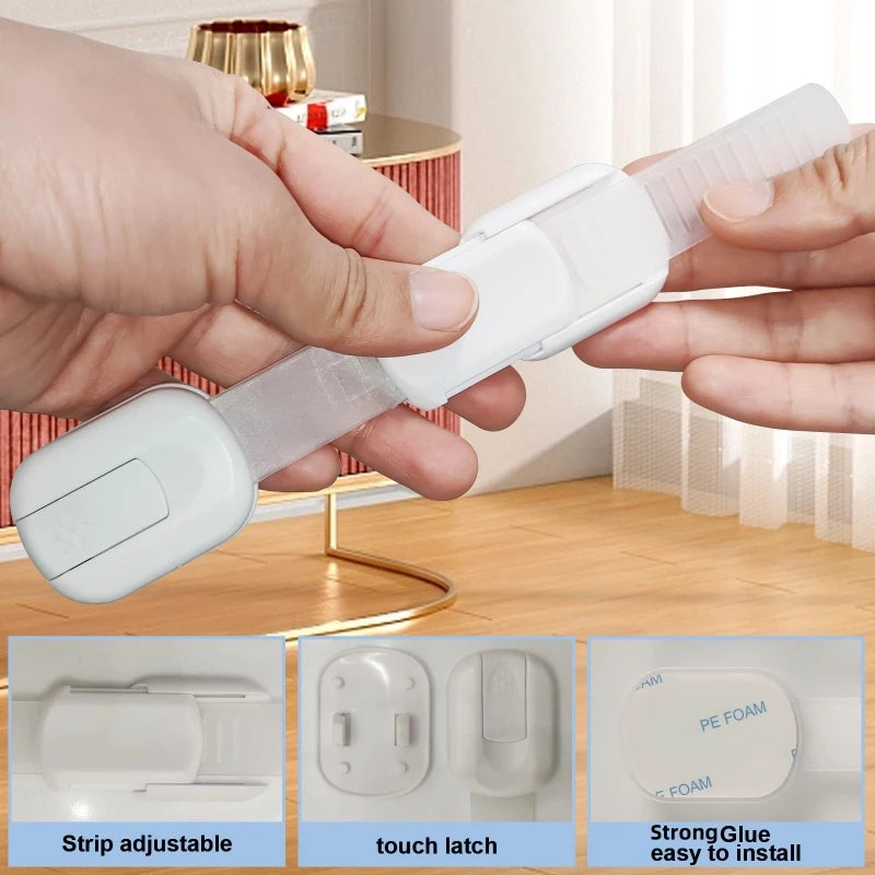 Adjustable FanzyMarket baby and childproof cabinet safety lock with adhesive strap for cabinets, drawers, and appliances.