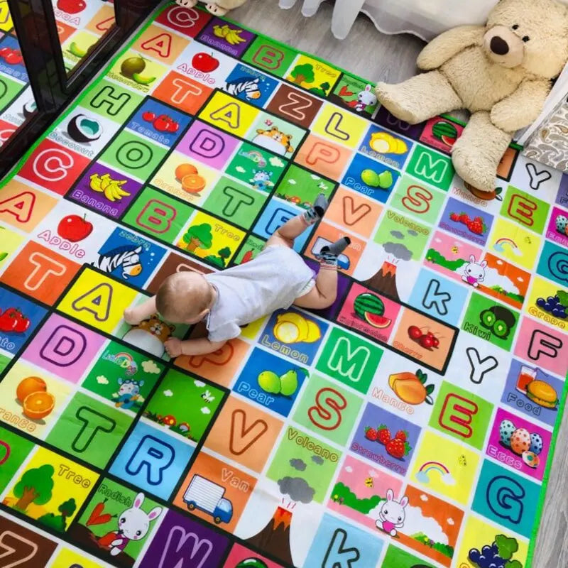 FanzyMarket double-sided baby play mat, 180x120cm foam crawling rug with farm-themed letters and educational activity gym for babies and toddlers.