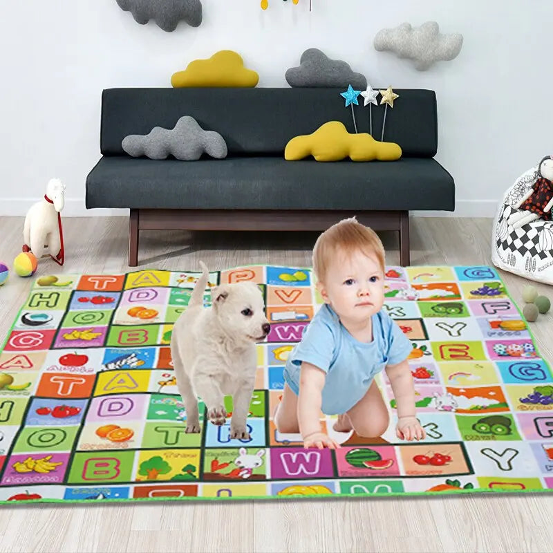 FanzyMarket double-sided baby play mat, 180x120 cm foam crawling rug with educational farm-themed designs for babies and toddlers.