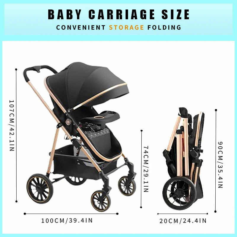 FanzyMarket 3-in-1 luxury baby stroller with foldable design, aluminum frame, reversible seat, suitable for newborns, black color.