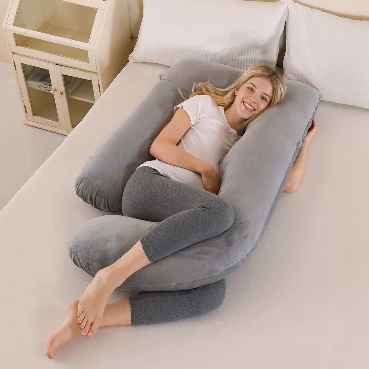 FanzyMarket detachable G-shaped maternity pillow in crystal velvet, 36x28x14 cm, supports side sleeping for pregnancy comfort.