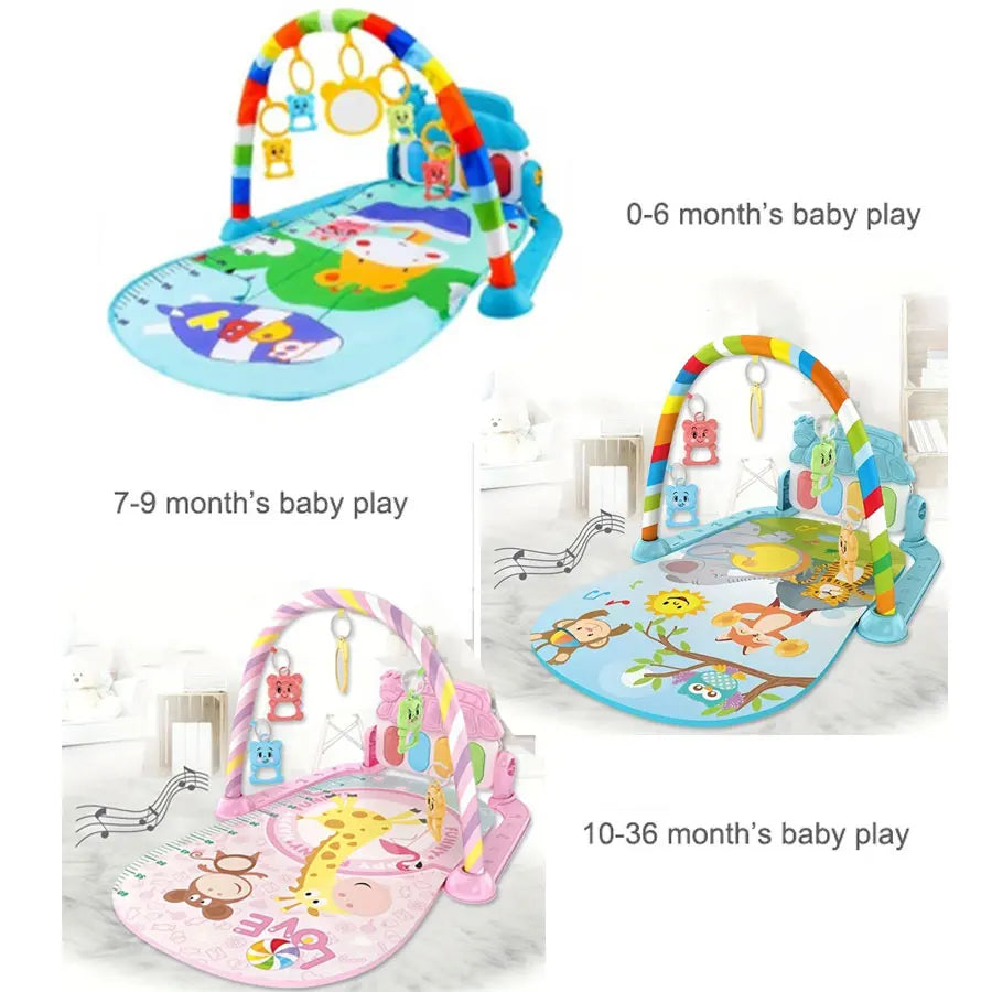 FanzyMarket musical baby activity gym play mat with piano keyboard, tummy time mat for infants 0-36 months in light blue.