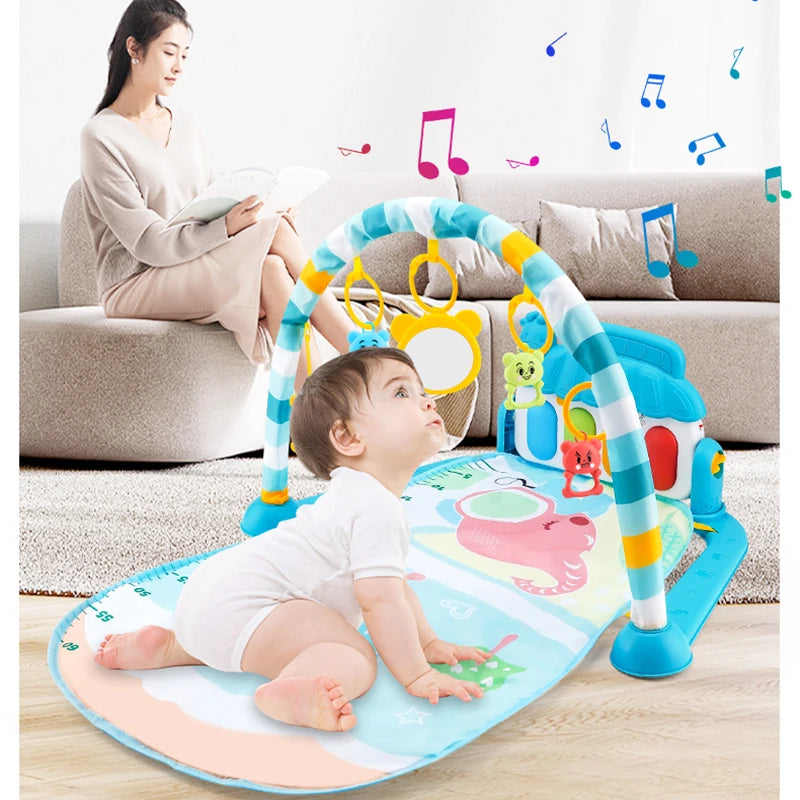 Pink musical baby activity gym with light-up piano keyboard, hanging toys, and soft play mat for infants by FanzyMarket.