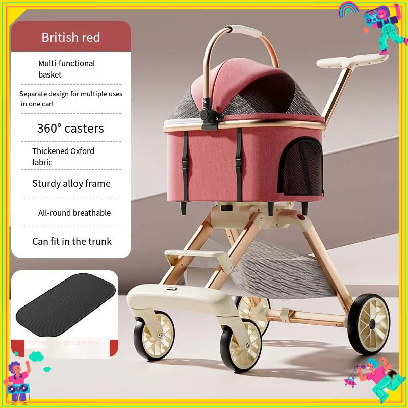 Red FanzyMarket baby stroller with detachable pet carrier, lightweight, portable, one-click fold, suitable for travel and nursery use.
