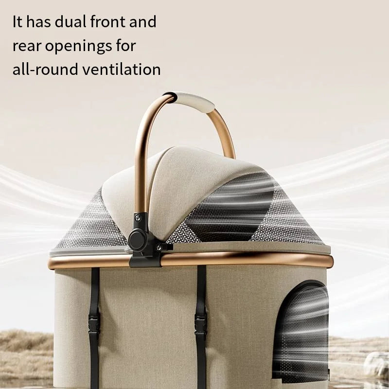 Red FanzyMarket baby stroller with detachable pet carrier, portable lightweight design, one-click fold for easy travel and convenience.