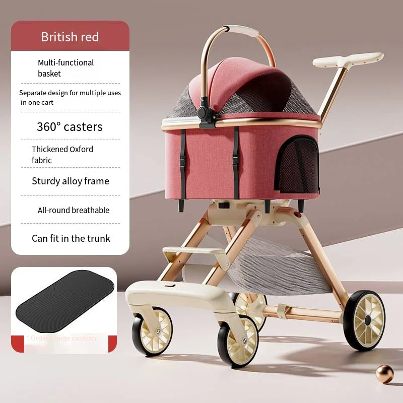 FanzyMarket portable baby and pet stroller in red, lightweight design with one-click fold for easy travel and convenience.
