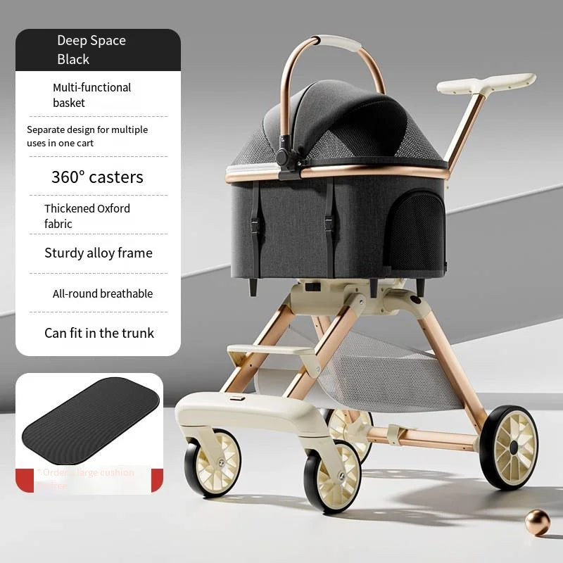 Red FanzyMarket baby and pet stroller with one-click fold, lightweight design, universal fit, suitable for travel and nursery use.