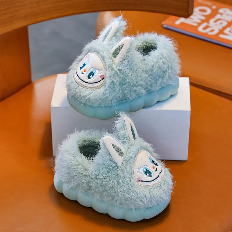 FanzyMarket kids winter plush slippers with warm faux fur, anti-slip indoor cotton shoes for boys and girls, size 24-25.