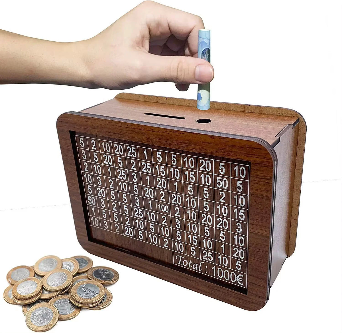 Reusable wooden piggy bank money box with numbered slots and savings goal, designed for kids' learning and savings.