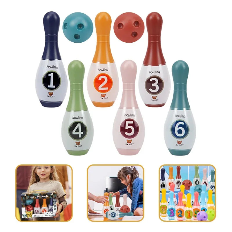 FanzyMarket kids bowling set with 6 wooden pins and 2 balls, ideal for indoor and outdoor toddler play ages 4-6.