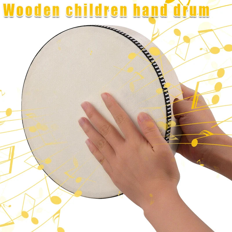 Wooden kids hand drum in 4, 6, 8, or 10 inches, featuring natural wood finish, designed as a percussion toy for children.