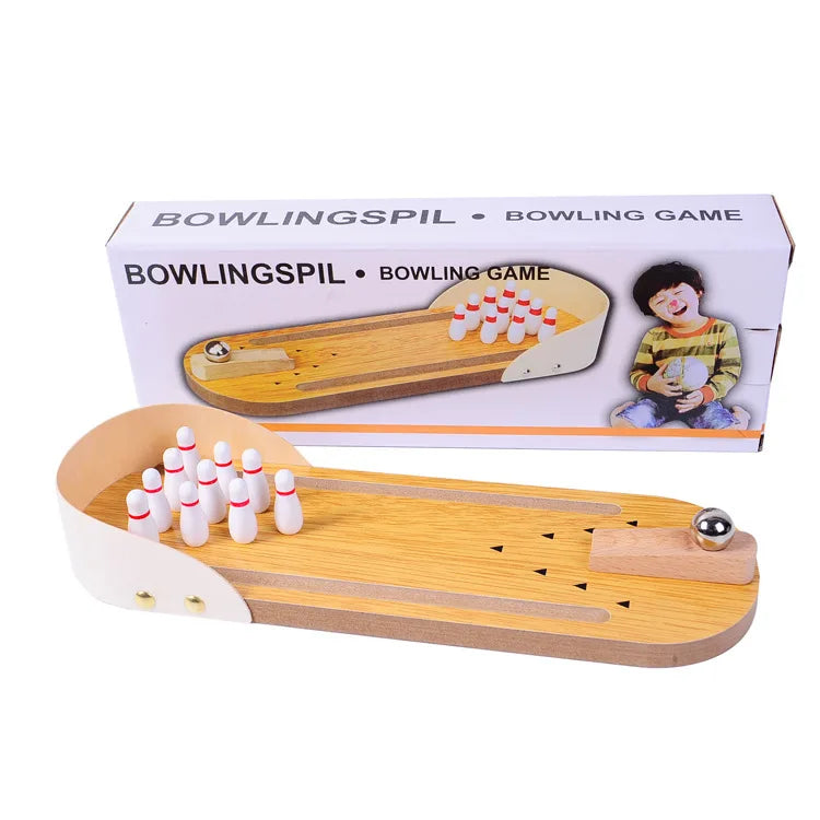 Mini wooden bowling set for kids by FanzyMarket, tabletop educational toy featuring small wooden pins and ball for parent-child play.