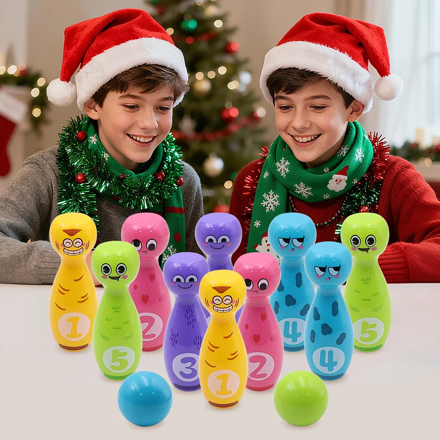 Colorful kids cartoon bowling set with 10 wooden pins and 2 balls featuring expressive faces, perfect for indoor and outdoor play.