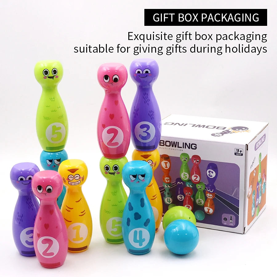 Colorful kids cartoon bowling set with 10 pins and 2 balls featuring expressive faces, suitable for indoor and outdoor play.