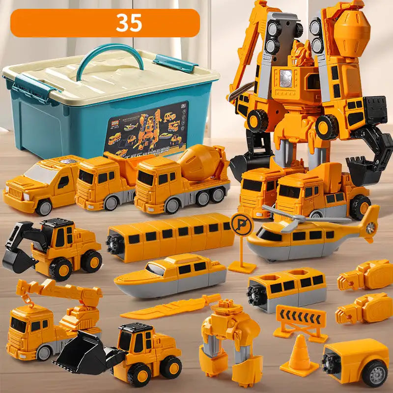 FanzyMarket kids magnetic transforming engineering car toy with 35-piece set, wooden construction, and storage box for learning play.