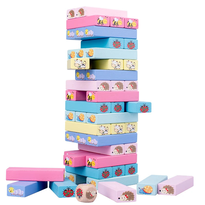 FanzyMarket 51-piece wooden stacking blocks game with numbers and animals, educational toy for kids indoors and outdoors.
